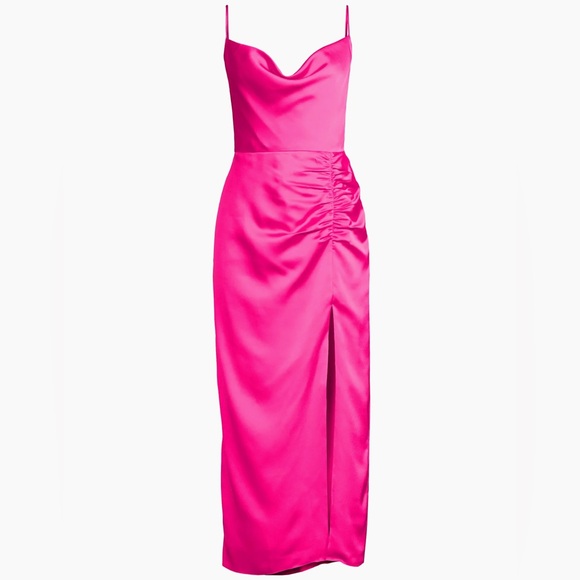 Milly NWT Lilliana Satin Ruched Side Slit Cowlneck Pink Midi Dress - Picture 8 of 8